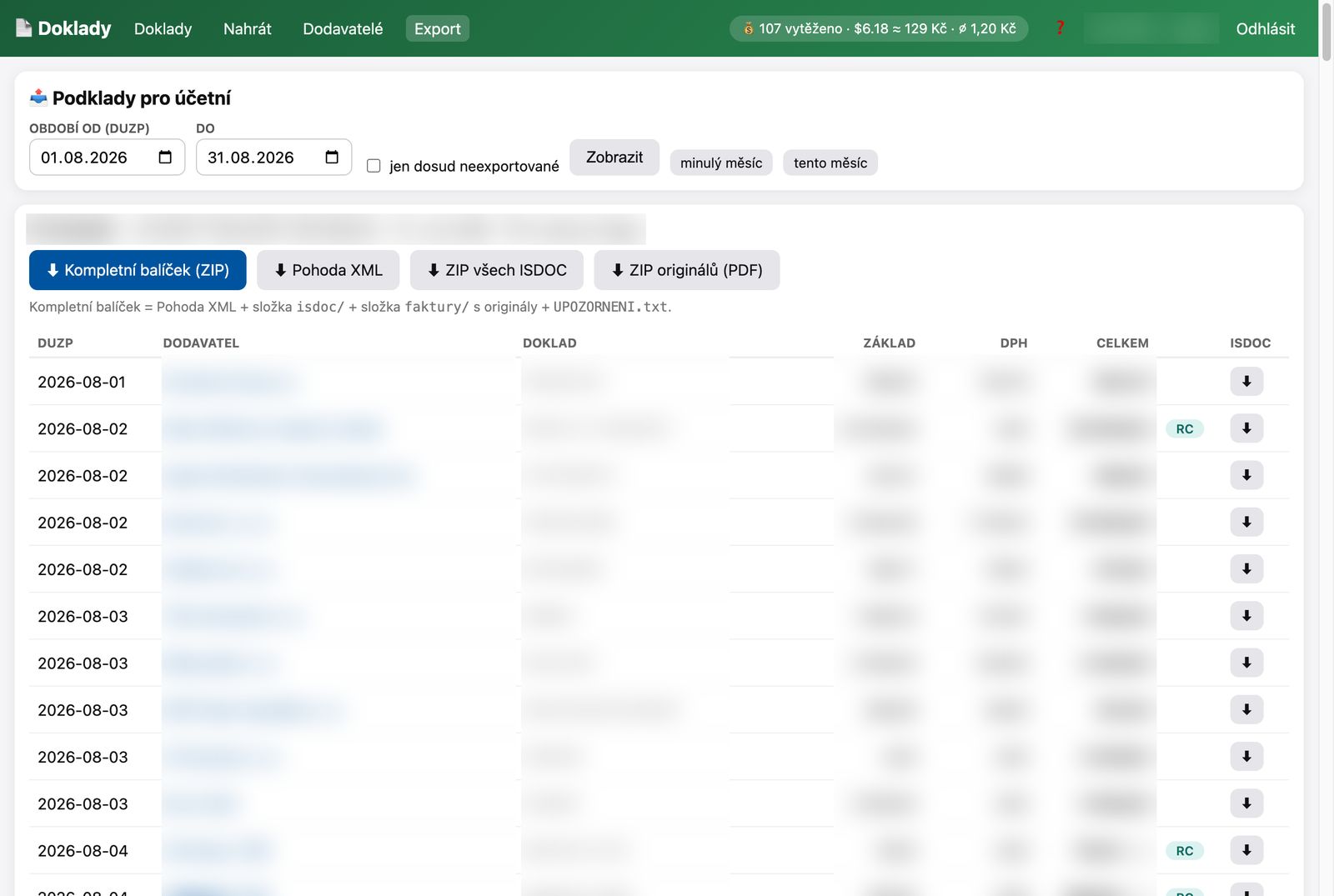 Doklady — podklady pro účetní za období, export Pohoda XML a ISDOC