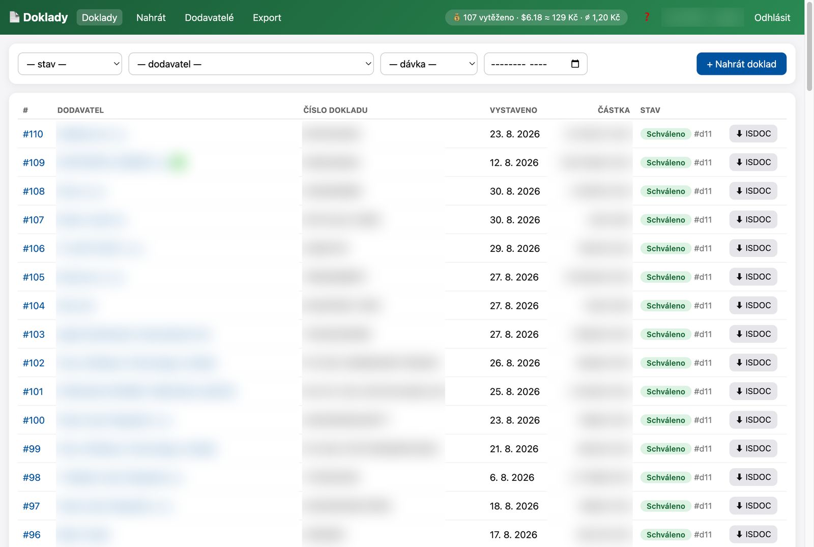 Doklady — seznam vytěžených faktur se stavem a exportem ISDOC