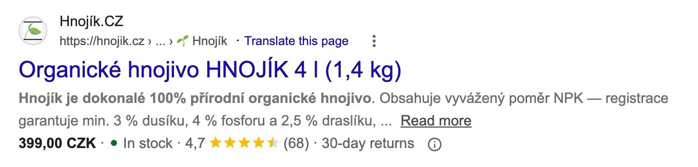 Skutečný výsledek Hnojíku v Googlu: cena 399 Kč, skladem, hodnocení 4,7 z 5 (68 hodnocení)
